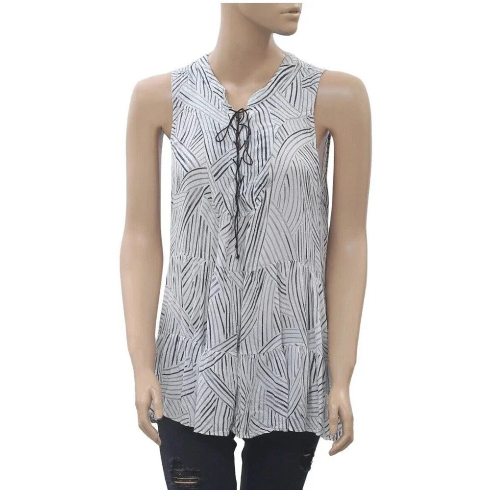 Anthropologie Floreat Top Sz 12 Anafa Tiered Sleeveless Tie White Gray E0827